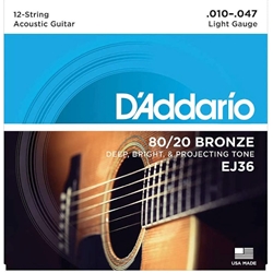 D'addario  EJ36 80/20 Bronze 12-String Acoustic Guitar Strings, Light, 10-47